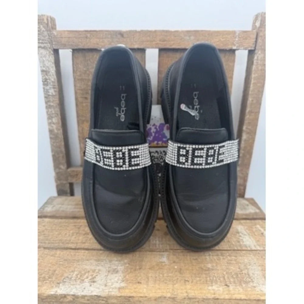 Bebe Girls Black‎ Lug Sole Loafers Rhinestone Logo Strap Size 11 Toddler Little